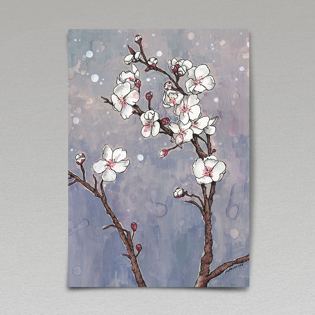 Quality art print of Cherry blossom watercolour, gouache and ink painting from Joan and Rose